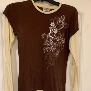Rods brand long sleeved shirt, brown with horse emblem on front